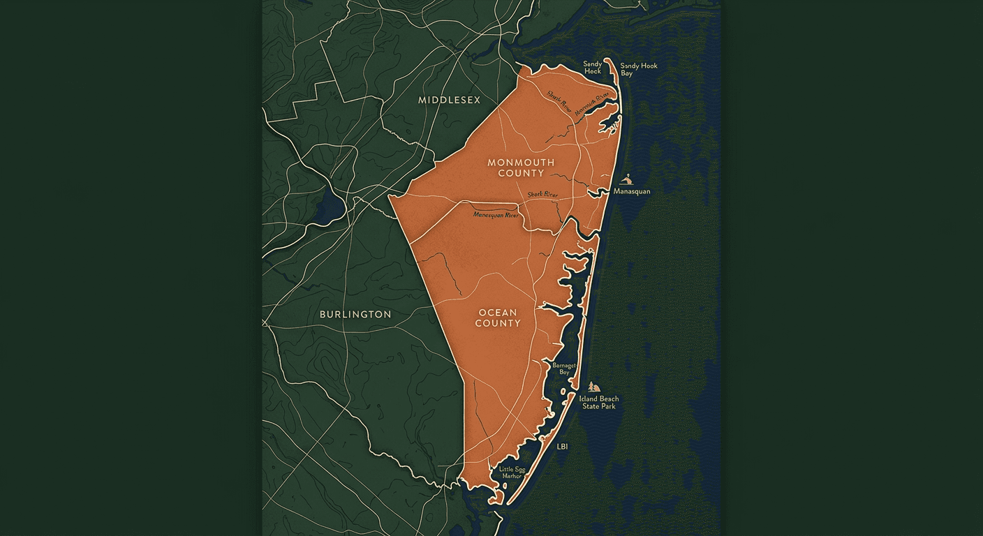 Map of A&S Landscaping service areas in Ocean and Monmouth County