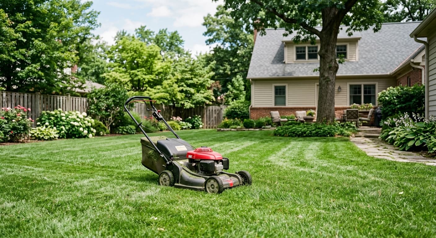 Freshly mowed lawn with crisp edges and clean hardscape