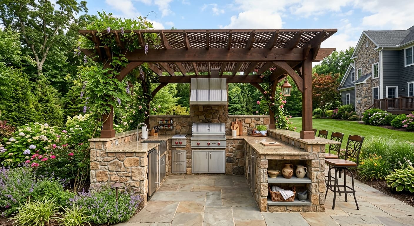 Custom outdoor kitchen with grill station and bar counter