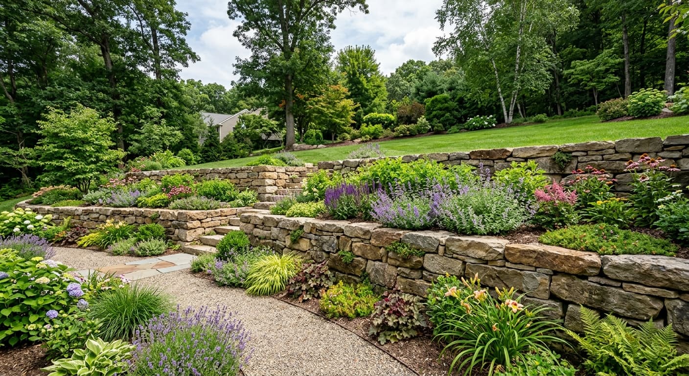 Completed retaining wall with drainage and backfill