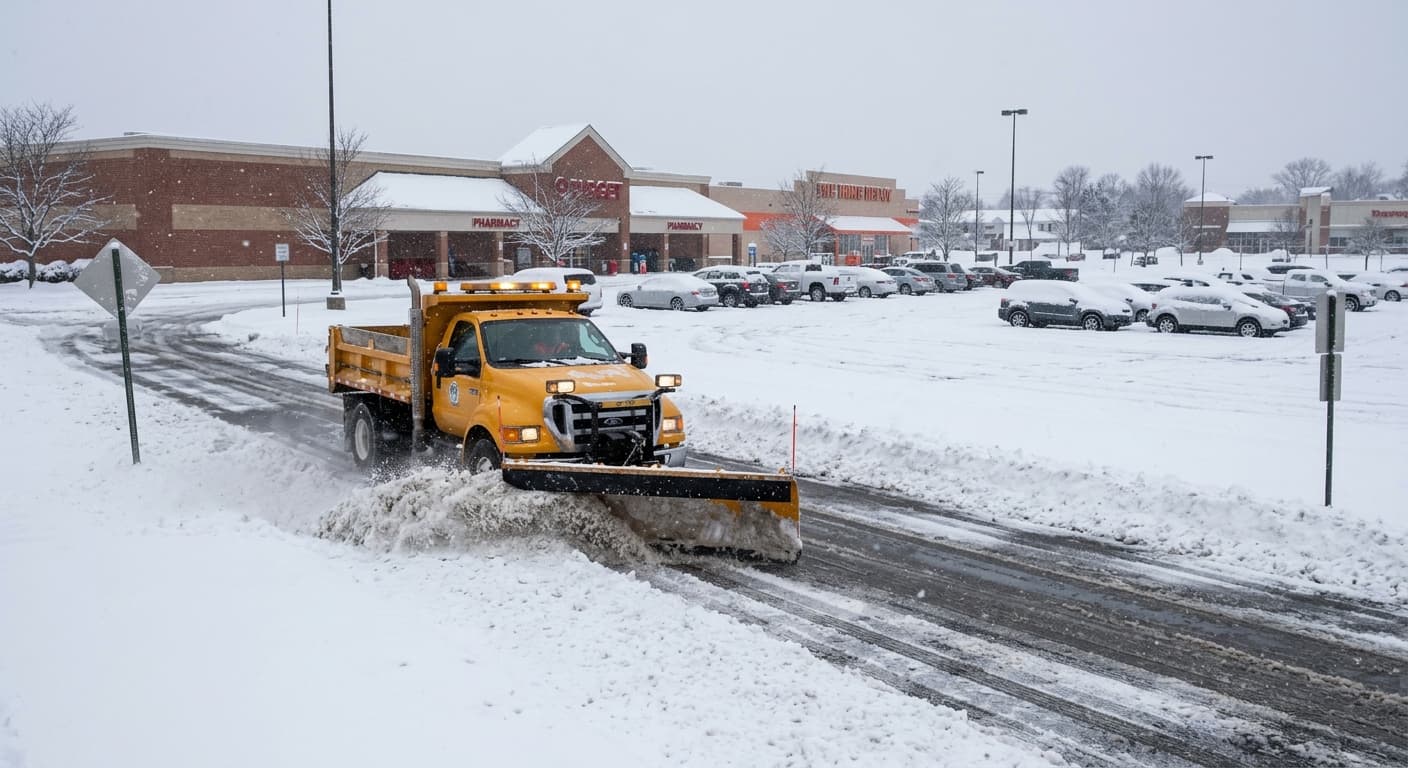 Commercial snow plow clearing a parking lot